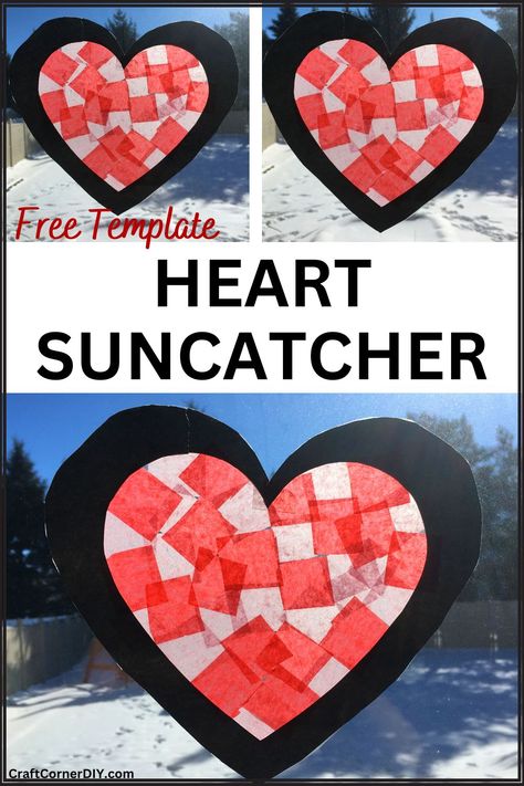 Easy Heart Suncatcher Craft: Free Template | Craft Corner DIY Heart Suncatchers, Valentines Day Crafts For Preschoolers, Printable Heart Template, Toddler Valentine Crafts, Easy Craft For Kids, Template Craft, Heart Suncatcher, Paper Plate Crafts For Kids, Free Printable Crafts