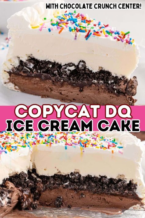 This Copycat Dairy Queen Ice Cream Cake is a homemade version of the famous DQ frozen treat, complete with its classic hot fudge filling and chocolate cookie crunchies. It is so easy to assemble each layer of this delicious dessert and cover it in a whipped cream frosting and a smattering of colorful sprinkles. Perfect for birthday's, Mother's Day, Father's Day or just for a fun dessert! Chocolate Crunchies For Ice Cream Cake, Dairy Queen Ice Cream Cake Crunchies, Diary Queen Ice Cream Cake, Dq Copycat Ice Cream Cake, Hot Cocoa Ice Cream Cake, Easy Homemade Ice Cream Cake, Copycat Dq Ice Cream Cake, Klondike Bar Ice Cream Cake, Ice Cream Cakes Recipe