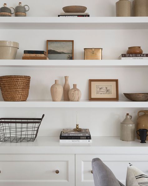 Open Shelving Living Room, Tiffany Leigh Design, Bedside Table Styling, Shelving Display, Custom Dining Room, Wood Coffee Table Rustic, Glass Shelving, Copper Beech, Marble Fireplace Surround