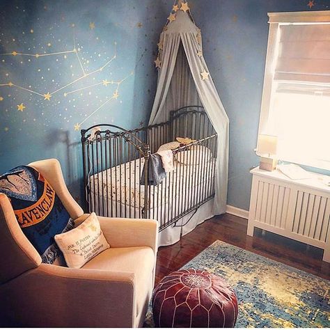 Celestial Nursery Ideas, Starry Night Nursery Theme, Celestial Nursery Girl, Celestial Baby Nursery, Harry Potter Nursery Ideas, Hogwarts Nursery, Unisex Baby Nursery, Starry Nursery, Starry Night Nursery