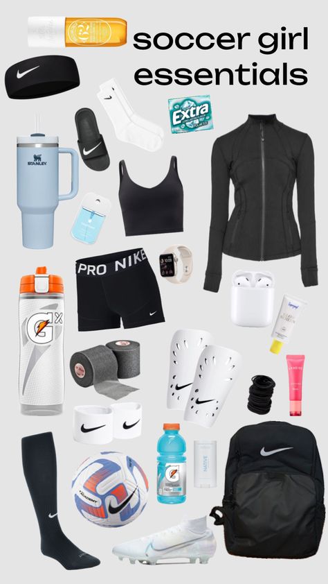 #outfitinspo #essentials #soccergirl #soccer #soccerfit #soccerplayer Sports Bag Essentials, Soccer Girls Outfits, Womens Soccer Cleats, Soccer Essentials, Best Soccer Shoes, Soccer Backpack, Volleyball Outfit, Volleyball Bag, Soccer Accessories