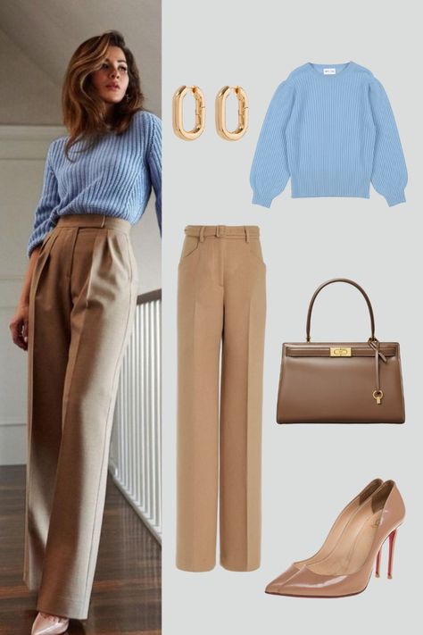 Outfit Inspo | Sky Blue Round Neck Sweater with Brown Straight Leg Trouser | Brown Leather Handbag and Beige Leather Heels | Outfit Inspiration | Casual Trouser Outfit Ideas | Casual Work Outfits | Women's Fashion Brown Trouser Work Outfit, Cozy Wide Leg Pants Outfit, Beige Ankle Pants Outfit, Beige Trousers Outfit Work, Sky Blue Heels Outfit, Sky Blue Trouser Outfit Women, Camel Slacks Outfit Women, Light Beige Trousers Outfit, Sweater Work Outfits Women