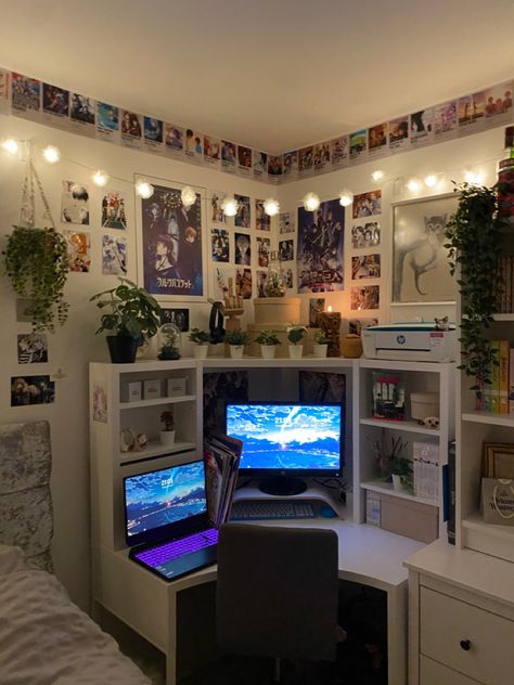 Bedroom Layout Aesthetic, Room With Shelves, Bedroom Inspirations Desk, Ikea Cube Shelves Aesthetic, Fairylight Decor Bedroom Ideas, Ikea Micke Desk Gaming Setup, Room Ideas With Desk, Bedroom Ideas Posters, Room Ideas Shelves