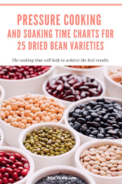 Pressure Cooking and Soaking Time Charts for 25 Dried Bean Varieties - Miss Vickie Pressure Cooker Dry Beans, Beans In Slow Cooker, Beans In Instant Pot, Pressure Cooker Times, Slow Cooker Beans, Cranberry Beans, How To Soak Beans, Bean Varieties, Cooking Dried Beans