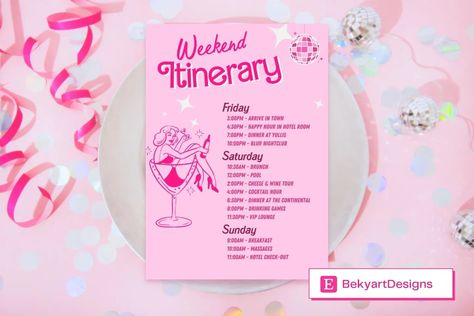 New Barbie bachelorette party invitation and weekend schedule! ��🩷🤍 #barbiebride #barbiebachelorette #bacheloretteparty #bachelorettepartyideas #bride #weddinginspiration #wedding #stationery #template #barbie Barbie Bachelorette Party, Weekend Schedule, Barbie Bachelorette, Bachelorette Party Invitation, Vip Lounge, New Barbie, Barbie Bride, Bachelorette Party Invitations, Drinking Games