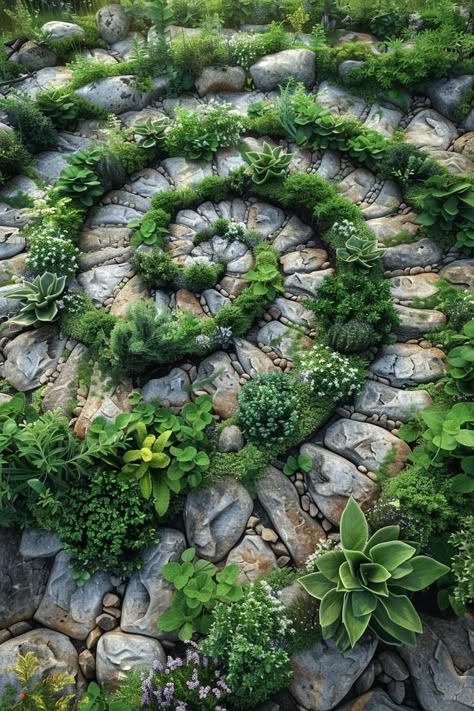 23 Enchanting Ideas For Your Spiritual Garden Sanctuary Meditation Circle Garden, Rock Spiral Garden, English Rock Garden, Garden Maze Design, Therapy Garden Design, Spiral Garden Design, Small Secret Garden Ideas Backyards, Landscaping With Big Rocks, Labyrinth Garden Design