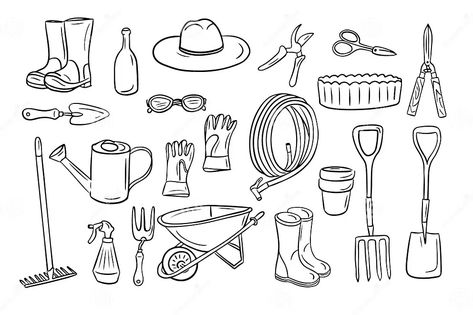 Set of Hand Drawn Doodles of Items for Gardening Stock Vector - Illustration of planting, hobby: 310148571 Gardening Tools Drawing, Gardening Doodles, Garden Doodles, Sketch Cloud, Gardening Illustration, Circle Doodles, Arrow Doodle, Hand Drawn Doodles, Idea Generation