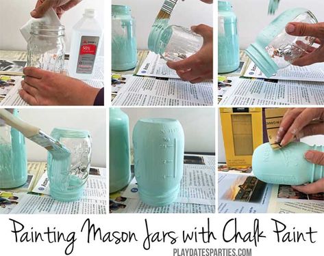 Best Paint For Glass, Painting Canning Jars, Crafts With Glass Jars, Homemade Chalk Paint, Chalk Paint Mason Jars, Painting Glass Jars, Chalk Crafts, Painted Glass Bottles, Painted Glass Vases