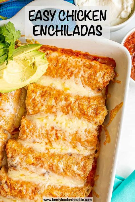 Chicken enchiladas are full of a perfectly seasoned chicken mixture, topped with enchilada sauce and cheese, and baked until bubbly for a delicious and hearty dinner the whole family will love. Shredded Chicken Crockpot, Yogurt Cheese, Homemade Enchilada Sauce, Food On The Table, Homemade Enchiladas, Red Enchilada Sauce, Hearty Dinner, Family Food, Peanut Free