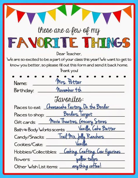 Teacher Favorite Things Questionnaire | Kicking Ass & Crafting:                                                                                                                                                                                 More Teacher Questionnaire, Teacher Treats, Week Schedule, School Teacher Gifts, Beginning Of The School Year, Teacher Printable, 1st Day Of School, Beginning Of School, Teacher Appreciation Week