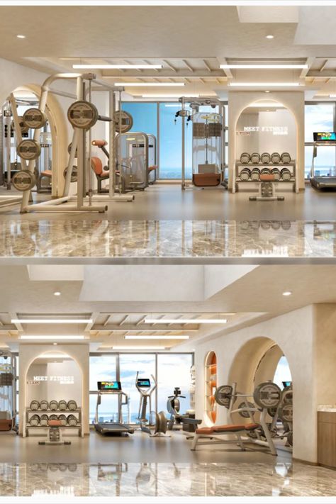 Ladies Only Gym Interior, Mansion Gym Room, Women Only Gym Design, Gym Interior Design Ideas Modern Luxury, Aesthetic Gym Equipment, Luxury Gym Interior, Gym Bloxburg, Bloxburg Gym Ideas, Indoor Gym Home