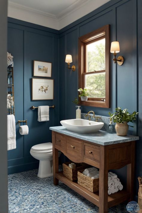 home decor interior design, space planning, interior bedroom design, kitchen designs Grey And Dark Blue Bathroom, Antique Blue Bathroom, Traditional Bathroom Blue, Blue Bathroom With Dark Brown Vanity, Bathroom Ideas Dark Colors, Sw 7604 Smoky Blue, Dark Blue Moody Bathroom, Blue Painted Bathrooms, Bathrooms With Blue Walls