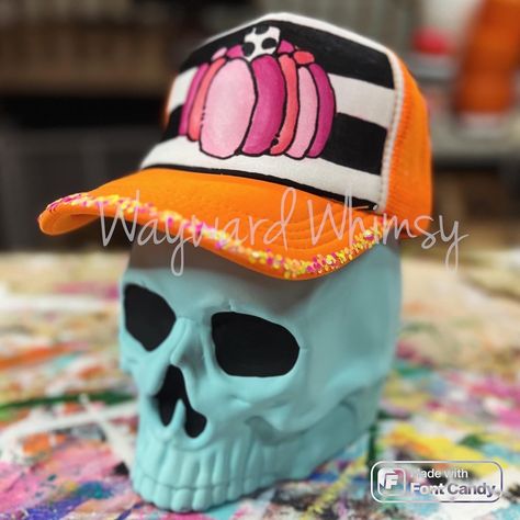 Adjustable size snap back closure- one size fits most Breathable polyester mesh baseball cap/trucker hat  Hand painted artwork applied to the front white patch.  Artwork can be custom to your needs!   I can not paint anything that is licensed, trademarked or copyrighted.  No exceptions.   Wait list time is approximately 3-4 weeks Painted Trucker Hats, Thanksgiving Hat, Fall Pink, Pumpkin Hat, Painted Hats, Boutique Ideas, White Patches, Painted Artwork, Hat Baseball