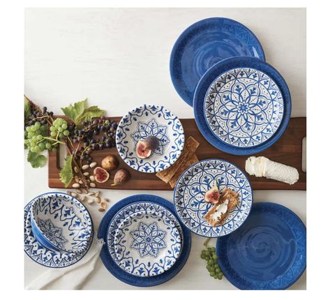 Boho Plates And Bowls, Moroccan Plates, Modern Boho Farmhouse, Camping Plates, Farmhouse Blue, Melamine Dinnerware Sets, Blue Dinnerware, Plates And Bowls Set, Medallion Print