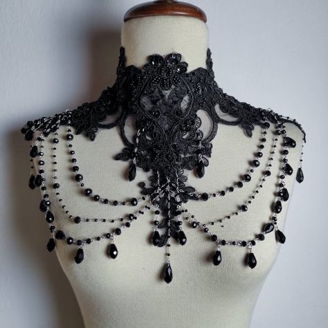 Meet the luxurious "Dark Queen"🖤 Gothic neck collar/ shoulder piece made of black lace, beaded. Handmade chains with glass pearls and drops. Back laced with ribbon closure. This stunning piece will enhance all your dresses with a gothic luxe signature. One size fits all. *Important notes* this is a "made to order" item: we will make it just for you when you purchase the item. Please feel free to ask, if you have questions. ------------------------------------------------------------- Facebook: Gothic Body Jewelry, Shoulder Necklace Gothic, Haute Goth Fashion, Dark Queen Dress, Black Wedding Jewelry, Beaded Clothes, Kino Box, Handmade Chains, Black Icing