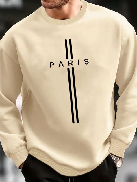 Khaki Casual Collar Long Sleeve Fabric Letter Pullovers Embellished Slight Stretch Fall/Winter Men Clothing Trending Hoodies, Mens Tees Design, Simple Sweatshirt, Full Sleeve Tshirt, Men Sweatshirts, Man Dressing Style, Trendy Shirt Designs, Guys Clothing Styles, Clothing Mockup