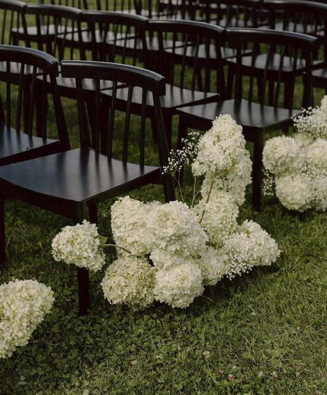 Outdoor Aisle Flowers, Baby’s Breath Hanging Arrangement, Wedding Light Installation, Wedding Ceremony Hydrangea, Green And White Spring Wedding, Hydrangea Ceremony Decor, Flowers Down The Aisle Wedding, Aisle Flowers Wedding Walkways, Hydrangea Wedding Arch