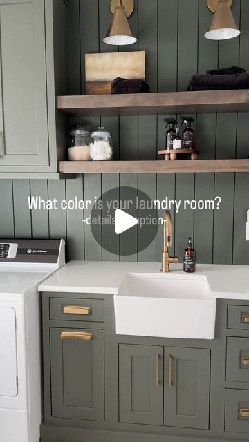 Evergreen Fog Cabinets Laundry Room, Utility Room Cabinet Colors, Light Green Laundry Room Cabinets, Olive Green Laundry Room Cabinets, Pink And Green Laundry Room, Laundry Room Colours, Green Cabinet Laundry Room, Laundry Room Ideas Green, Laundry Room Green Cabinets