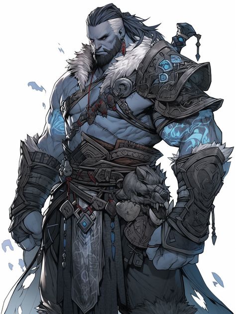 Water Genasi Male Barbarian, Goliath Paladin Dnd, Ettin Dnd, Winter Barbarian, Half Giant Character Design, Dnd Goliath Barbarian, Dnd Goliath Fighter, Warlord Character Design, Dnd Goliath Male