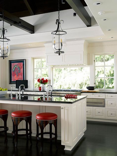 I sort of LOVE the window behind the range... I wonder how it would hold up to the heat! Trendy Kitchen Colors, Inspiration Kitchen, White Kitchen Design, H Design, Kitchen Lighting Fixtures, Red Kitchen, White Kitchen Cabinets, Kitchen Cabinet Design, Remodel Bedroom