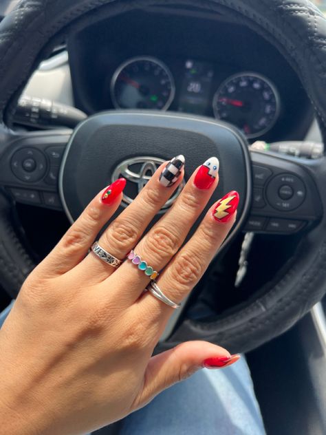 Lightning Mcqueen Nail Art, Disney Car Nails, Disney Cars Theme Nails, Disney Cars Nail Art, Lightning Mcqueen Nails Art Ideas, Cars Inspired Nails, Lighting Mcqueen 3rd Birthday Party, Pixar Cars Nails, Cars Theme Nails