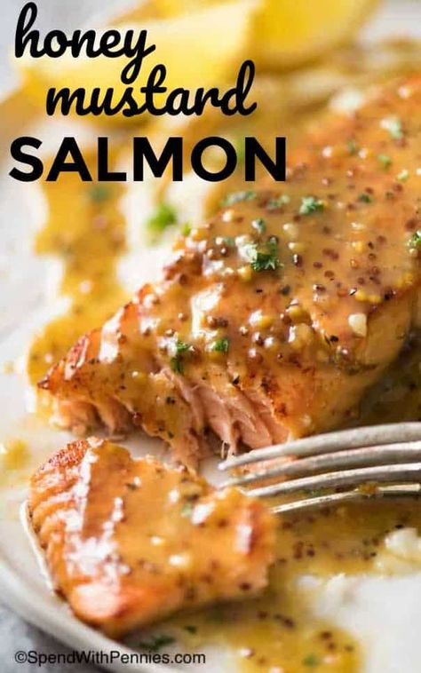 Honey Mustard Salmon - Spend With Pennies Sockeye Salmon Recipes, Honey Mustard Salmon Recipes, Salmon Recipes Baked, Honey Mustard Salmon, Mustard Salmon, Oven Baked Salmon, Spend With Pennies, Easy Fish Recipes, Fish Recipes Healthy