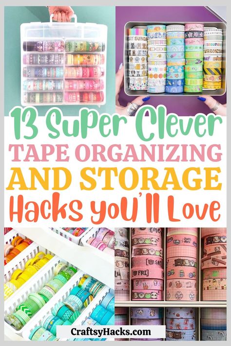 13 Creative Tape Organizing Ideas - Craftsy Hacks Organize Washi Tapes, Washi Tape Storage Ideas, Diy Washi Tape Organizer, Diy Washi Tape Storage, Tape Organization, Craft Ribbon Storage, Chipboard Projects, Scrapbook Supplies Organization, Craft Organization Diy