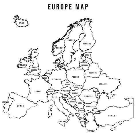 Europe Blank Map, European Map Printable, Europe Map With Countries, Europe Map Black And White, Europe Map With Flags, Europe Countries Map, World Map Coloring Page Free Printable, Free Printable World Map With Countries, Europe Map Aesthetic