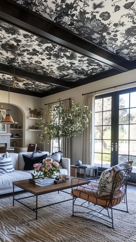 Sky’s the limit: A Guide to Wallpapered Ceilings — Living Bright Interiors 3d Ceiling Wallpaper, Living Room With Pitched Ceiling, Wallpaper Large Wall, Wallpaper Ceiling Fan, Tray Ceiling Wallpaper Ideas, Coffered Ceiling Wallpaper, Wall To Ceiling Wallpaper, Wallpaper Sloped Ceiling, Wallpaper For Ceiling Design