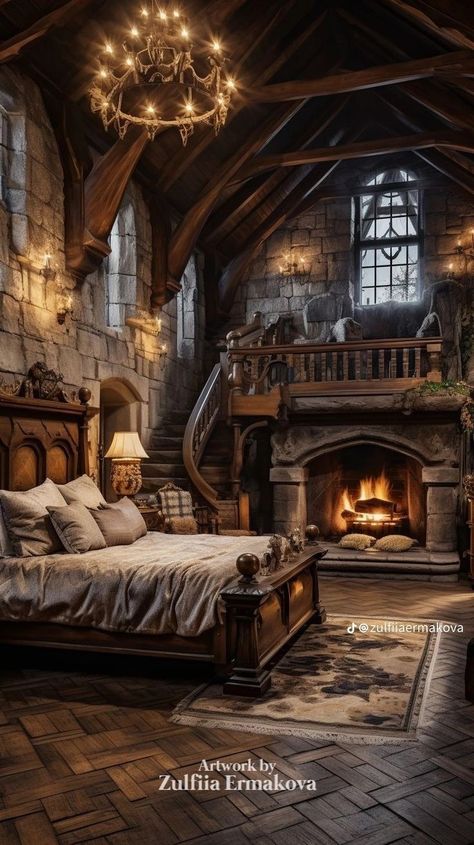 Medieval Chamber Castle Bedroom, Fantasy Inspired Interior Design, Castle Home Interior Design, Medieval Gothic Bedroom, Medevil Bedroom Aesthetic, Fairy Tale Interior, Midevil House Aesthetic, Castle Rooms Aesthetic, Modern Castle House Interiors