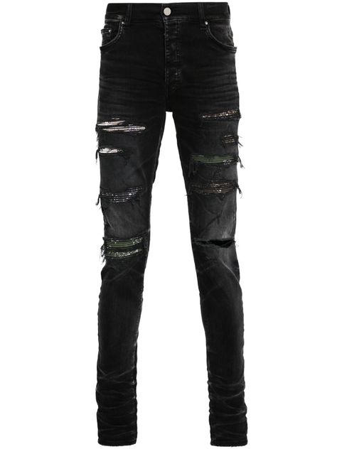 black cotton blend denim faded effect ripped detailing quilted bandana-print panels mid-rise belt loops classic five pockets logo patch to the rear raw-cut edge skinny cut front button fastening Black Patch Jeans, Black Ripped Jeans Men, Quilted Bandana, Raver Jeans, Emo Jeans, Black Jeans Ripped, Black Ripped Jeans Outfit, Emo Pants, Ripped Jeans Black