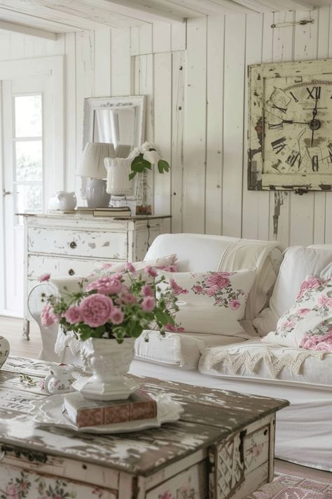 43+ French Cottage Living Room Ideas Full of Rustic Elegance Cottage Living Room Ideas, French Cottage Living Room, Country Cottage Living Room, Fancy Living Rooms, Floral Armchair, French Cottage Decor, Wood Coffee Table Rustic, Primitive Living Room, Cottage Decorating