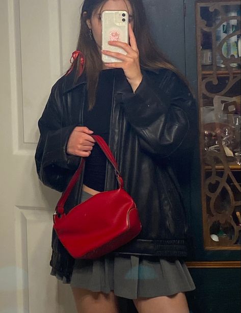 aesthetic summer night outfit oversized leather jacket thrifted grey skirt yesstyle cute red bag purse red ribbon hair braids cute tiktok y2k bar outfit Red Purse Outfit Winter, Red Bag Winter Outfit, Colorful Purse Outfit, Outfits With Pops Of Red, Pop Of Red Outfit 2023, Pop Of Red Outfit Fall, Outfits With A Pop Of Red, Red Pop Of Color Outfit, Winter Bags 2023