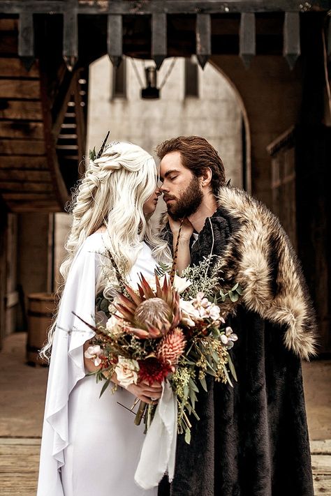 Game Of Throne Weddings, Modern Viking Wedding Dress, Vikings Wedding Theme, Medieval Times Wedding, Viking Wedding Tuxedo, Game Of Thrones Wedding Hair, Viking Wedding Photography, Viking Wedding Photos, Viking Wedding Groom Outfit