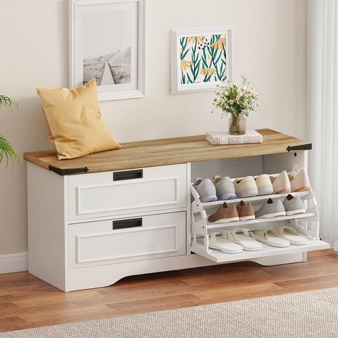 PRICES MAY VARY. Ample Storage Space & Versatility: This shoe storage bench designed with an adjustable flip drawer and 2 removable drawers, which increase the storage capacity while keeping the room organized and neat. The adjustable shelf of the flip drawer allow you to easily store shoes of various sizes and the removable drawers can be used as drawers or storage shelves according to your needs. Modern & Elegant Design: The innovative contrasting color design makes this shoe storage organizer White Shoe Bench Entryway, Entryway Benches With Storage, Cute Shoe Rack Entry Ways, Entrance Table With Shoe Storage, Mudroom Ideas Entryway Apartment, Shoe Shelf Bench, Narrow Entry Way Shoe Storage Ideas, Bench And Shoe Storage Entryway, Shoe Storage In Kitchen