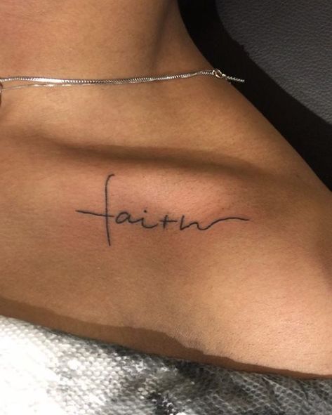 Cute Small Inspirational Tattoos, Collar Bone Tats, Collarbone Tattoo Ideas, Collar Bone Tattoo Small, Faith Tattoo Designs, Collar Bone Tattoo Quotes, 27 Tattoo, Collarbone Tattoos, Tattoo Quotes For Women