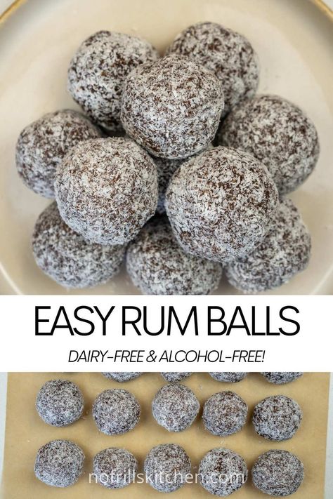 These simple, no-bake rum balls don't use corn syrup, alcohol or dairy! They're super delicious, easy to make and perfect for Christmas gifts or any special occasion! Rum Balls Recipe, Coconut Milk Tea, Condensed Coconut Milk, Coconut Macaroons Recipe, Georgian Food, Rum Recipes, Rum Balls, Tea Biscuits, Macaroon Recipes