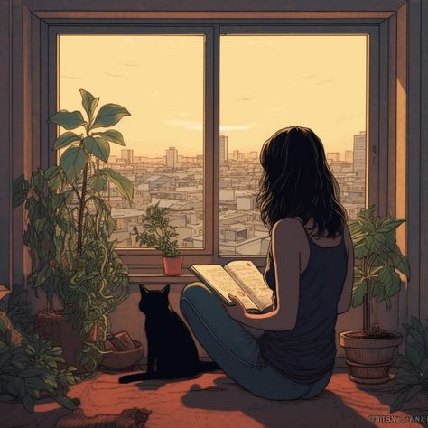 Reading Aesthetic Illustration, Looking Through A Window Art, Hand Out The Window Aesthetic, Cat Sitting On Window Sill, Window View Illustration, Reading By The Window, Doodle Meme, Sitting By The Window, Pictures On Wall