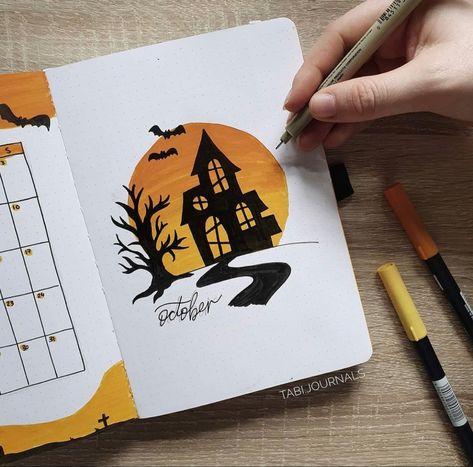 October Bujo Calendar, Halloween Bujo Cover, October Journal Cover, October Bujo Theme, Halloween Journal Ideas, October Drawings, October Bullet Journal Ideas, October Bullet Journal Cover, Halloween Bujo