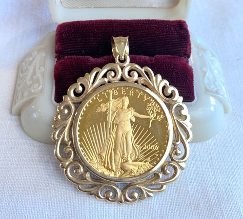 Gold Eagle Proof 1 Oz Coin & Ornate 14K Gold Filigree Bezel - Etsy Dollar Chain, Gold Eagle Coins, Bowling Green Ky, Olive Branches, 14k Gold Wedding Band, Diamond Necklace Designs, Videos Cooking, Bezel Necklace, Proof Coins