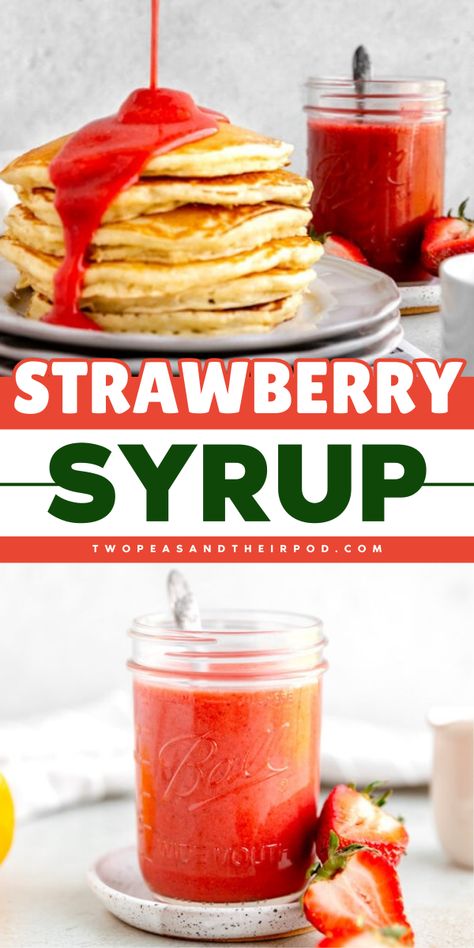 Add this Strawberry Syrup to your favorite homemade condiment recipes! This homemade sauce recipe is made with fresh strawberries and is perfect for pancakes, waffles, French toast, and more! Save this pin! Strawberry Syrup Recipe, Strawberry Syrup Recipes, Waffles Ice Cream, Strawberry Recipes Easy, Strawberry Scones, Homemade Sauce Recipes, Homemade Condiments, Homemade Syrup, Condiment Recipes