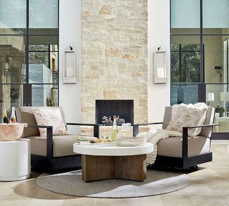 Outdoor Chairs & Ottomans | Pottery Barn Small Space Outdoor Furniture, Rh Outdoor Furniture, Pottery Barn Outdoor, Coffee Table Light, Fireplace Patio, Outdoor Fireplace Patio, Concrete Coffee Table, Patio Inspiration, Concrete Table