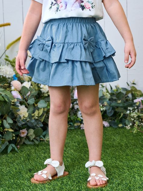 Medium Wash    Denim Plain Layered/Tiered  Non-Stretch  Toddler Girls Clothing Girls Jean Skirt Outfits Kids, Blue Tiered Ruffled Denim Skirt, Summer Ruffled Mini Denim Skirt, Toddler Denim Skirt, Toddler Denim Dress, Girls Denim Skirts, Girls Bows, Toddler Girl Outfits, Denim Skirt