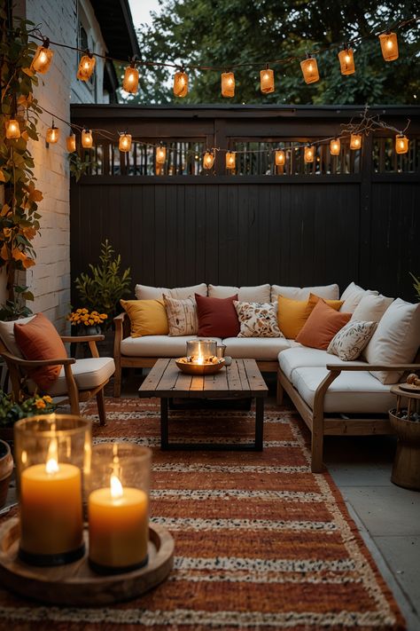 Transform your outdoor area with cozy fall decor by incorporating lanterns, string lights, outdoor rugs, and vibrant fall-colored cushions on your patio furniture. #FallDecor #OutdoorLiving #CozyPatio #Lanterns #StringLights #OutdoorRugs #PatioCushions #FallVibes Patio With Lights Ideas, Pack Patio Ideas, Apartment Patio Cozy, Winter Patio Decor Outdoor Spaces, Fall Small Patio Decor, Fall Outdoor Deck Decor, Patio Lanterns Decor Ideas, Outdoor Patio Ideas Furniture, Cozy Fall Backyard