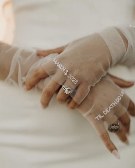 Fingerless wedding gloves with date and quote Engagement Photos With Gloves, Fingerless Wedding Gloves, Fingerless Bridal Gloves, Sheer Wedding Gloves, Wedding Gloves Fingerless, Fingerless Gloves Wedding, Bride With Tattoos, Wedding Dress With Gloves, Bride Gloves