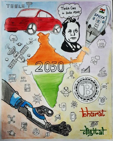 Future India 2050 Drawing, India In 2047 Poster Drawing, Future India Drawing, Future Drawing, Drawings With Meaning, Art Competition Ideas, Poster Competition, India Poster, India Painting