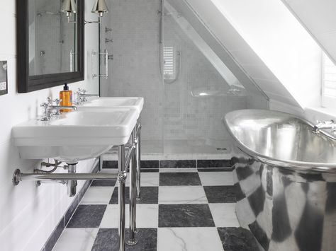 A Stunning William Holland Stanneus Batueau Bath with Tin interior featured in 'The French House' by Ham Interiors.  http://williamholland.com/ Attic Conversion Bedroom, Ham Interiors, Attic Bathroom Ideas, Tin Interior, Copper Bath, Attic Bathroom, Elegant Country, Cottage Bathroom, French House