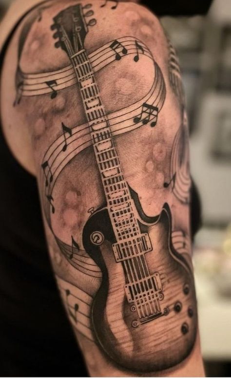 Unique guitars Guitar Tattoo Designs Men, Bass Guitar Tattoos, Guitar Tattoo For Men, Electric Guitar Tattoo, Music Staff Tattoo, Grave Tattoo, Tattoo Guitar, Guitar Tattoos, Notes Tattoo