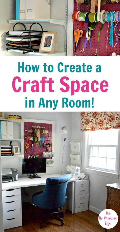 Don't have space for a whole craft room? This makeover shows you how to create a craft area in any room in your home - even if you only have a small space! You've got to check out the decorating and organizing ideas in this craft room makeover. #craftroom #diy #makeover #beforeandafter #diydecor #homedecor #organizedhome Small Craft Area, Craft Room Makeover, Small Craft Rooms, Organize Craft Supplies, Craft Room Design, Craft Space, Diy Craft Room, Small Space Organization, Craft Room Decor