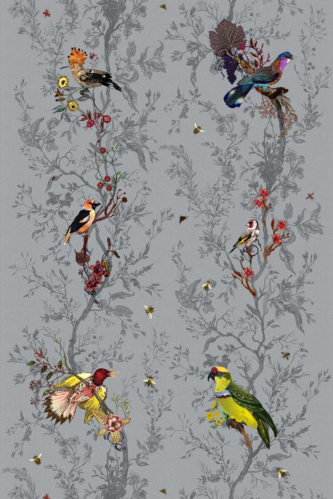 Timorous Beasties Birds n Bees fabric | Timorous Beasties Foto Transfer, Bee Fabric, Timorous Beasties, May Designs, Bird Wallpaper, Bee Print, Fabric Birds, Vintage Chairs, Back To Nature